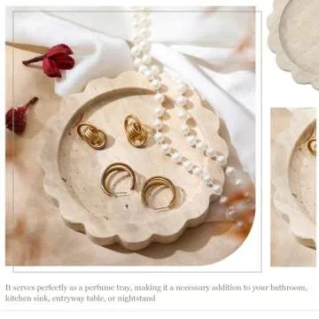 Threehoney 5.5 Inch Small Travertine Round Scallop Edge Tray Decorative Marble Jewelry Tray Stone Dish Tray for Counter Dresser Nightstand, Trinket Tray for Women Gift