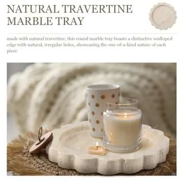 Threehoney 5.5 Inch Small Travertine Round Scallop Edge Tray Decorative Marble Jewelry Tray Stone Dish Tray for Counter Dresser Nightstand, Trinket Tray for Women Gift