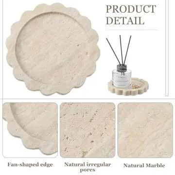 Threehoney 5.5 Inch Small Travertine Round Scallop Edge Tray Decorative Marble Jewelry Tray Stone Dish Tray for Counter Dresser Nightstand, Trinket Tray for Women Gift