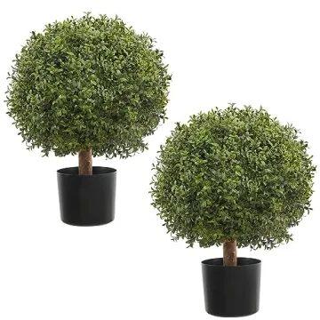 JUSTOYOU 24.5 Inch Artificial Boxwood Topiary, Set of 2 - UV Resistant Potted Plants for Indoor & Ou...