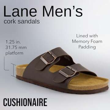 CUSHIONAIRE Men's Lane Cork Footbed Sandal with Adjustable Buckle Straps + Comfort, Brown Nappa