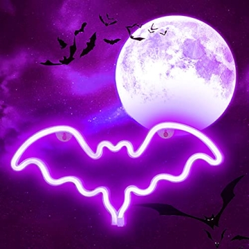 Vicila LED Neon Bat Signs Halloween Decor, Purple Bat Shape Neon Lights Gothic Battery Operated Desk...
