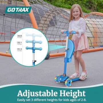 Gotrax KS3 Kids Kick Scooter, LED Lighted Wheels, Adjustable Height Handlebars and Removable Seat, Lean-to-Steer & Widen Anti-Slip Deck, 3 Wheel Scooter for Kids Ages 2-8 and up to 100 Lbs (Blue)