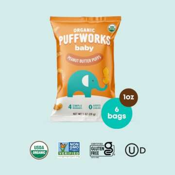 Puffworks Baby Organic Peanut Butter Puffs, Perfect for Early Peanut Introduction, Plant Protein, US...