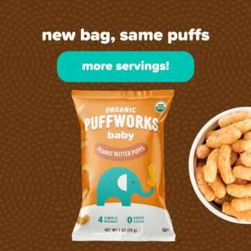 Puffworks Baby Organic Peanut Butter Puffs, Perfect for Early Peanut Introduction, Plant Protein, USDA Organic, Gluten-Free, Vegan, Non-GMO, Kosher, 1.0 Ounce (Pack of 6)