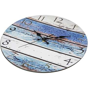 Bernhard Products Rustic Beach Wall Clock 12" Round, Silent Non Ticking Quartz Battery Operated Fiberboard Wooden Look, Vintage Shabby Beachy Ocean Coastal Nautical Decorative Kitchen Office Clocks