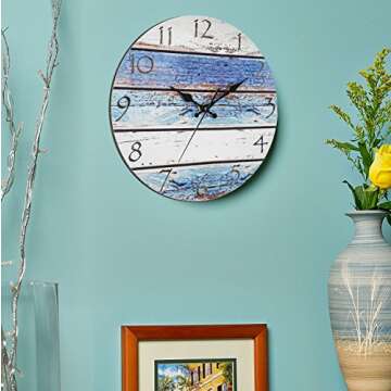 Bernhard Products Rustic Beach Wall Clock 12" Round, Silent Non Ticking Quartz Battery Operated Fiberboard Wooden Look, Vintage Shabby Beachy Ocean Coastal Nautical Decorative Kitchen Office Clocks