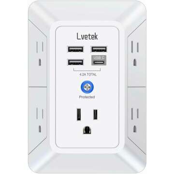 5-Outlet Surge Protector Wall Charger with 4 USB Ports - Perfect for Home, Office & Travel