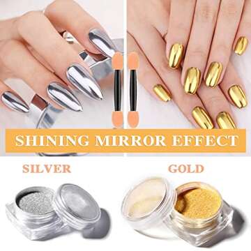 2 Pcs Gold Silver Chrome Nail Powder,Nail Art Mirror Glitter Effect Highly Pigmented Dust Metallic H...