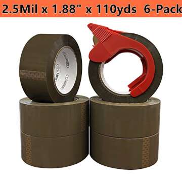 COSIMIXO 6-Pack Heavy Duty Brown Packing Tape with Dispenser, 2.5 mil x 1.88 inch x 110 Yards,Ultra ...