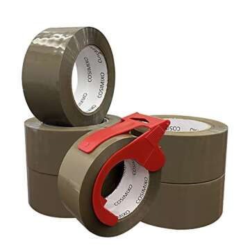 COSIMIXO 6-Pack Heavy Duty Brown Packing Tape with Dispenser, 2.5 mil x 1.88 inch x 110 Yards,Ultra Strong,Industrial Shipping Box Tan Packaging Tape for Moving, Office, & Storage