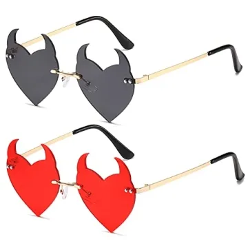 Votange Rimless Devil Horns Heart Sunglasses for Women | Retro Novelty Halloween Accessory