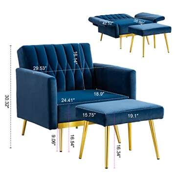 Paddie Modern Velvet Single Sofa Chair with Ottoman, Accent Living Room Chairs with Adjustable Armre...