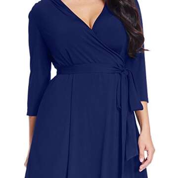 GRAPENT Women's Plus Size Solid V Neck Knee Length 3/4 Sleeve Hi Lo True Wrap Dress