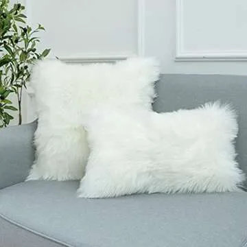 LIGICKY Set of 2 Decorative White Lumbar Faux Fur Throw Pillow Cover Luxury Series Rectangle Soft Plush Pillow Case Cushion Cover for Couch Sofa Bed (12" x 20")