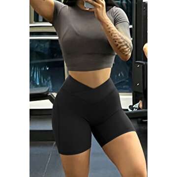 MOOSLOVER Women V Cross Waist Workout Shorts Butt Lifting High Waisted Biker Shorts(M,#1 Black)