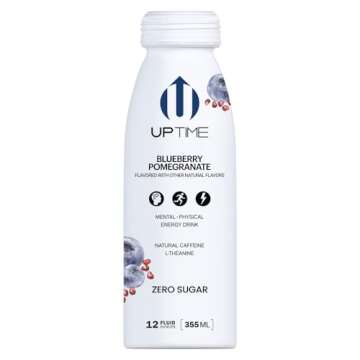 UPTIME Energy Drink, Blueberry Pomegranate, 12 Pack, Vitamin C, L Theanine, Calcium, Sugar Free Ener...