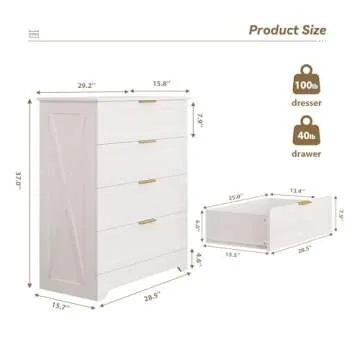 White 4 Drawer Dresser for Bedroom, Tall Bedroom Dresser with Large Drawer & Golden Handles, Wooden ...
