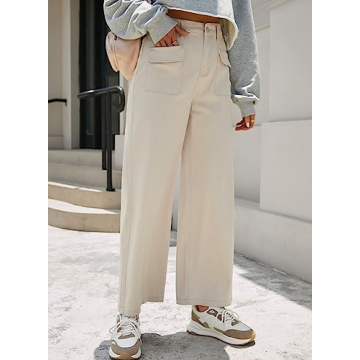 Dokotoo Women's Pants High Waisted Cargo Pants Women Baggy Jeans for Women Straight Wide Leg 2024 Fall Outfits Fashion Clothes Casual Pants Trendy Pocket Teen Girls Trousers Stretch Denim Pants Khaki