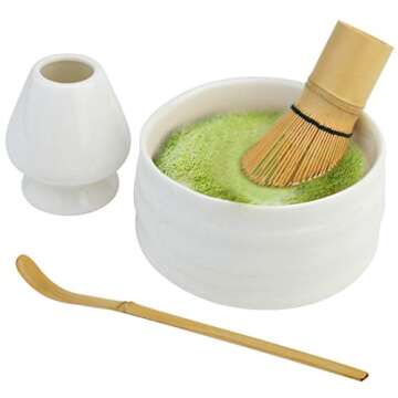 Bskifnn Japanese Tea Set-4PC Japanese Matcha Ceremony Accessory,Matcha Whisk,Whisk Holder,Bowl,Tea Spoon Perfect Set to Beginners