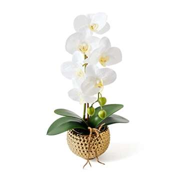 Hisow Orchids Artificial Flowers, 15" Faux Orchid in Gold Flower Pot Real Touch Flowers in Pot Large Flower Arrangements Artificial Centerpiece for Home Living Room Bathroom Kitchen Decoration (White)
