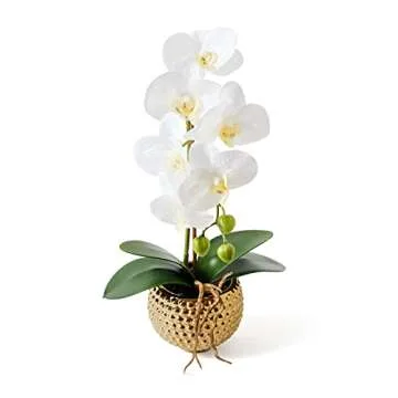 Hisow Orchids Artificial Flowers, 15" Faux Orchid in Gold Flower Pot Real Touch Flowers in Pot Large Flower Arrangements Artificial Centerpiece for Home Living Room Bathroom Kitchen Decoration (White)