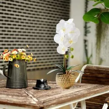 Hisow Orchids Artificial Flowers, 15" Faux Orchid in Gold Flower Pot Real Touch Flowers in Pot Large Flower Arrangements Artificial Centerpiece for Home Living Room Bathroom Kitchen Decoration (White)