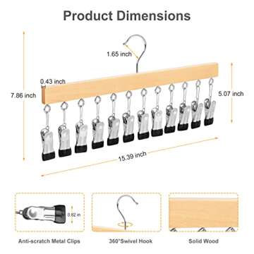 TOPIA HANGER Legging Organizer for Closet, Wooden Hangers with 12 Metal Clips, 2 Packs Hold Up to 24 Pants, Hangers Space Saving, Closet Organizer for Hats, Skirts, Tank Tops, Ties, Camisoles-CT39N