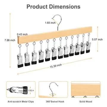 TOPIA HANGER Legging Organizer for Closet, Wooden Hangers with 12 Metal Clips, 2 Packs Hold Up to 24 Pants, Hangers Space Saving, Closet Organizer for Hats, Skirts, Tank Tops, Ties, Camisoles-CT39N