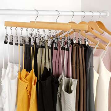 TOPIA HANGER Legging Organizer for Closet, Wooden Hangers with 12 Metal Clips, 2 Packs Hold Up to 24 Pants, Hangers Space Saving, Closet Organizer for Hats, Skirts, Tank Tops, Ties, Camisoles-CT39N
