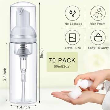70 Pcs 2 oz Plastic Foam Soap Dispensers Refillable Lash Shampoo Bottles with Pump Mini Eyelash Clea...