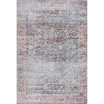 Bloom Rugs Caria Washable Non-Slip 4x6 Rug - Ocean Blue/Brick Traditional Area Rug for Living Room, Bedroom, Dining Room, and Kitchen - Exact Size: 4' x 6'