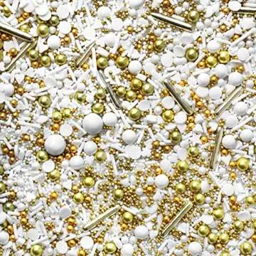 Fancy Sprinkles Decorative Metallic and Glitter Sprinkle Mix for Baking, Cake and Cookie Decorating, White and Gold Mix, Gold Digger, 4oz.