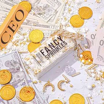 Fancy Sprinkles Decorative Metallic and Glitter Sprinkle Mix for Baking, Cake and Cookie Decorating, White and Gold Mix, Gold Digger, 4oz.