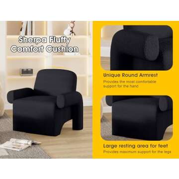 Dewhut Modern Sherpa Accent Chair, Fuzzy Upholstered Single Sofa with Round Armrest, Cozy Teddy Reading Side Chair for Living Room, Bedrooms, Corner (Black)