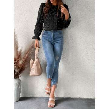 CUPSHE Women Eyelet Long Sleeve Tops Shirts Dressy Hollow Out Crochet Lace Embroidered Blouses 2025 Fashion Top Black S