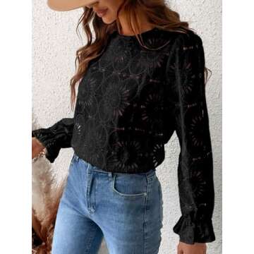 CUPSHE Women Eyelet Long Sleeve Tops Shirts Dressy Hollow Out Crochet Lace Embroidered Blouses 2025 Fashion Top Black S