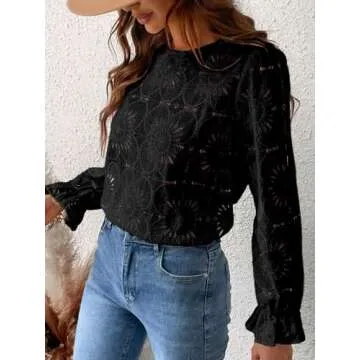 CUPSHE Women Eyelet Long Sleeve Tops Shirts Dressy Hollow Out Crochet Lace Embroidered Blouses 2025 Fashion Top Black S