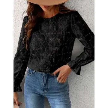CUPSHE Women Eyelet Long Sleeve Tops Shirts Dressy Hollow Out Crochet Lace Embroidered Blouses 2025 Fashion Top Black S