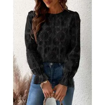 CUPSHE Women Eyelet Long Sleeve Tops Shirts Dressy Hollow Out Crochet Lace Embroidered Blouses 2025 Fashion Top Black S