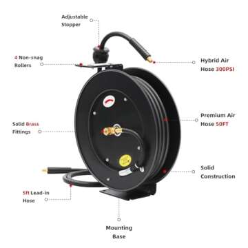 Txecpro Retractable Air Hose Reel, 3/8 IN x 50 FT Hybrid Air Hose Max 300 PSI, Air Compressor Hose R...