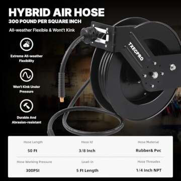 Txecpro Retractable Air Hose Reel, 3/8 IN x 50 FT Hybrid Air Hose Max 300 PSI, Air Compressor Hose Reel with 5 ft Lead in, Ceiling/Wall Mounted Air Hose Reel,Heavy Duty Air Tool