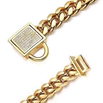 Aiyidi Gold Dog Chain Collar 10mm Wide Cuban Link Puppy Collar 316L Stainless Steel with CZ Diamond ...