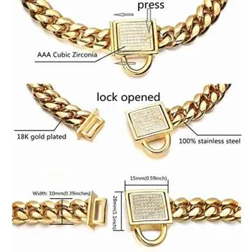 Aiyidi Gold Dog Chain Collar 10mm Wide Cuban Link Puppy Collar 316L Stainless Steel with CZ Diamond Lock Bling Collar for Large Medium Small Dogs(10mm Gold,8inches)