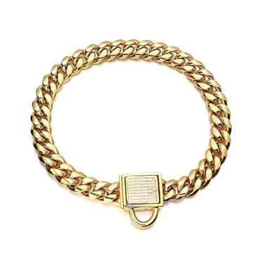 Aiyidi Gold Dog Chain Collar 10mm Wide Cuban Link Puppy Collar 316L Stainless Steel with CZ Diamond Lock Bling Collar for Large Medium Small Dogs(10mm Gold,8inches)