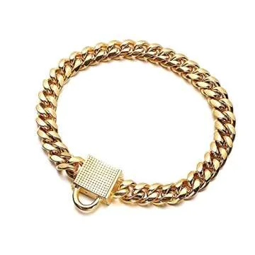 Aiyidi Gold Dog Chain Collar 10mm Wide Cuban Link Puppy Collar 316L Stainless Steel with CZ Diamond Lock Bling Collar for Large Medium Small Dogs(10mm Gold,8inches)