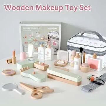 Smartwo Wooden Makeup Toy Set for Toddler Pretend Play 22 PCS Wood Beauty Salon Toys Cute Wooden Makeup Kit with Realistic Accessories Gift for Girls 3 4 5 6
