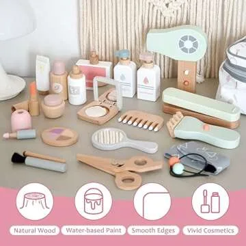 Smartwo Wooden Makeup Toy Set for Toddler Pretend Play 22 PCS Wood Beauty Salon Toys Cute Wooden Makeup Kit with Realistic Accessories Gift for Girls 3 4 5 6