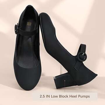 IDIFU Women's Candy Dress Mary Jane Shoes Low Block Heels Closed Round Toe Office Work Church Wedding Pumps (Black Nubuck, 8 M US)