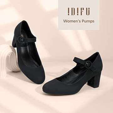 IDIFU Women's Candy Dress Mary Jane Shoes Low Block Heels Closed Round Toe Office Work Church Wedding Pumps (Black Nubuck, 8 M US)